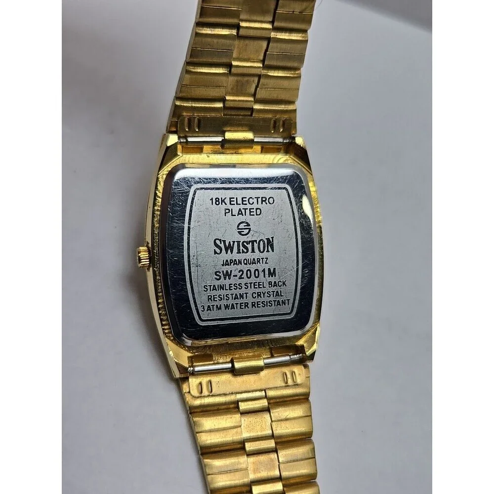 Swiston SW2001M Mens 18K Electro Plated Gold Crystal Tank Watch New Battery
